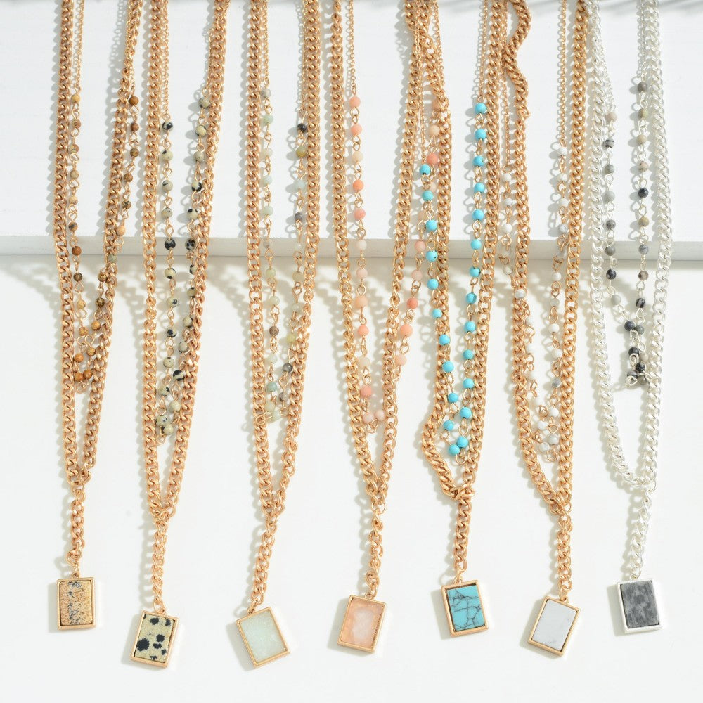 Layered Chain Link Necklace Featuring Semi Precious Pendant