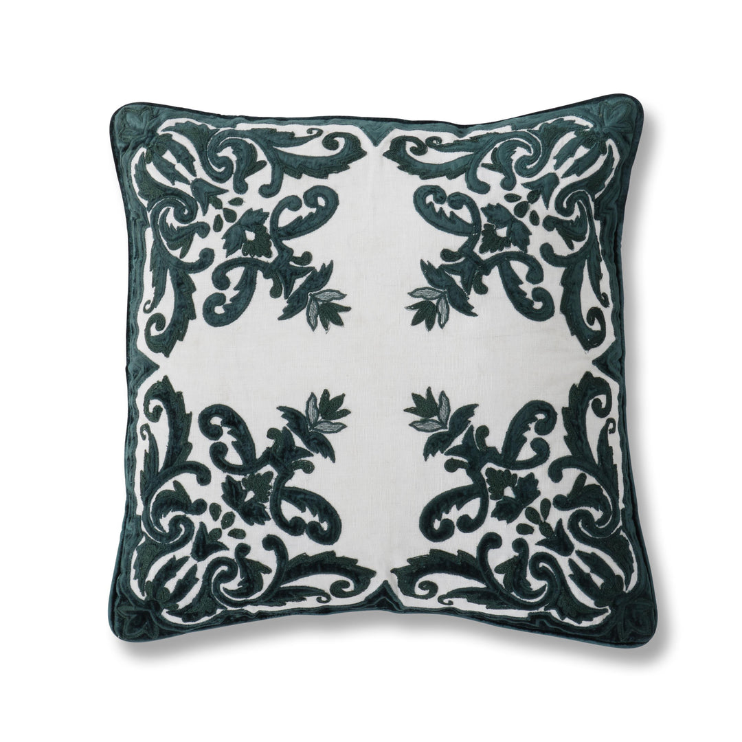 Green Velvet & Linen Embroidered Pillow