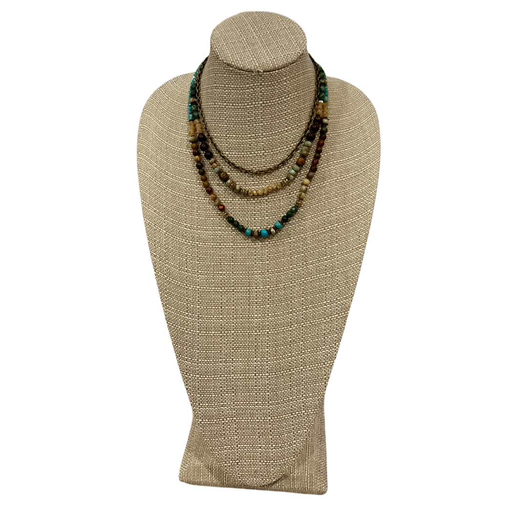 Worn Bronze 3 Tiered Brown, Turquoise, & Beige Beaded Necklace