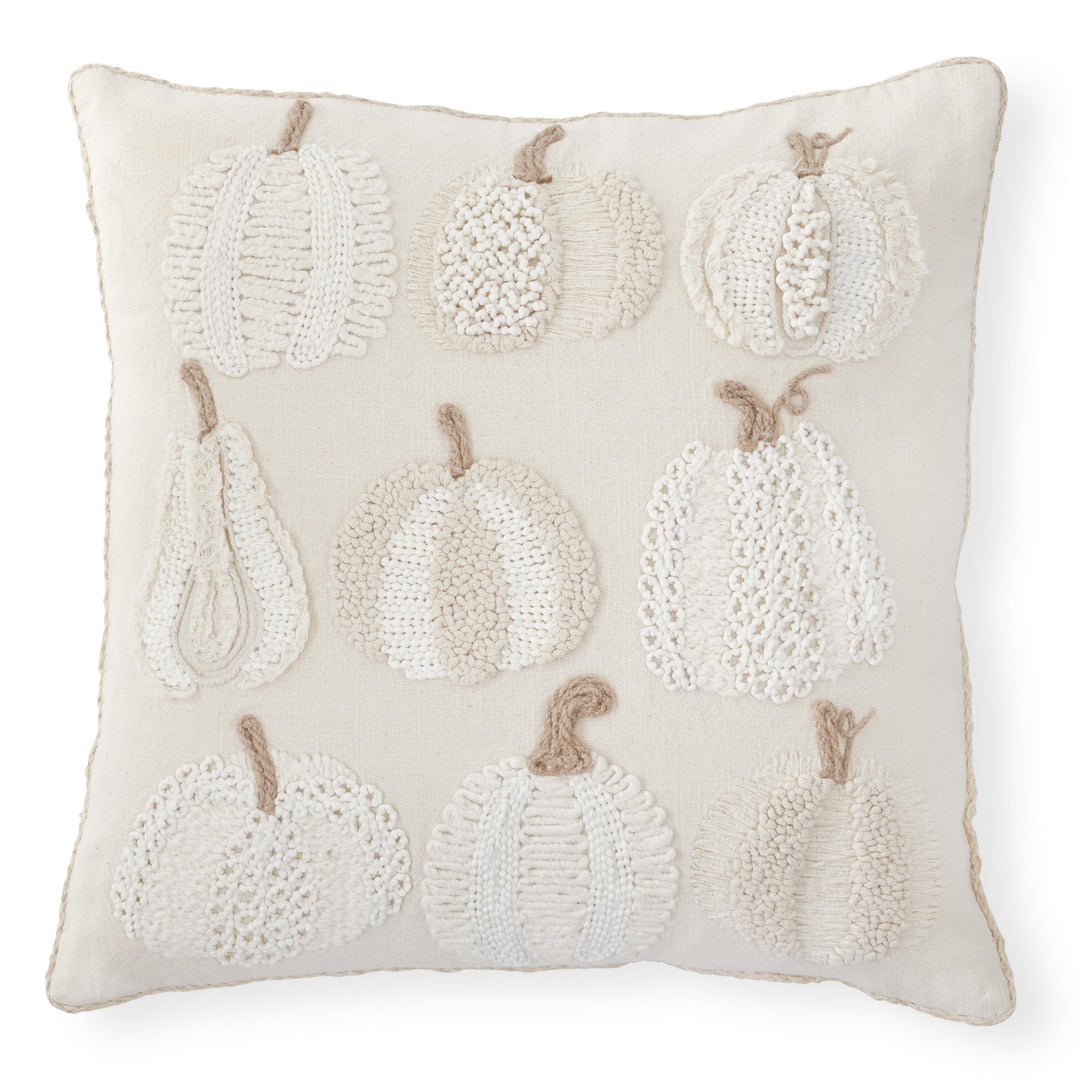 Cream Pumpkins and Gourds Embroidered Square Pillow