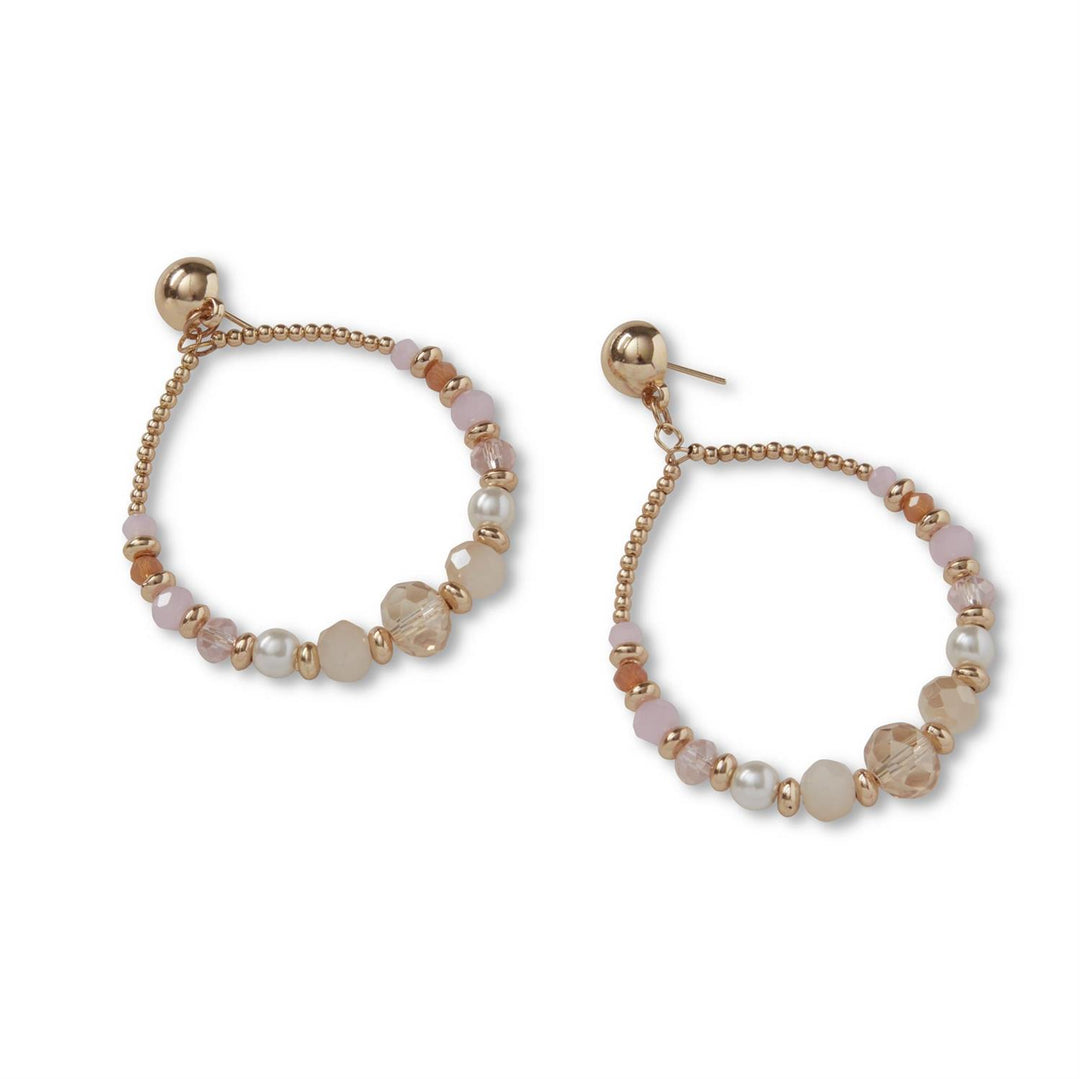 Soft Pink, White, Beige Beaded Hoop Earrings