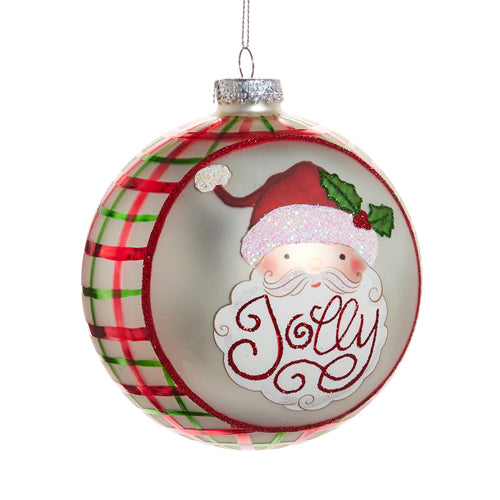 Jolly Santa Plaid Glass Ornament