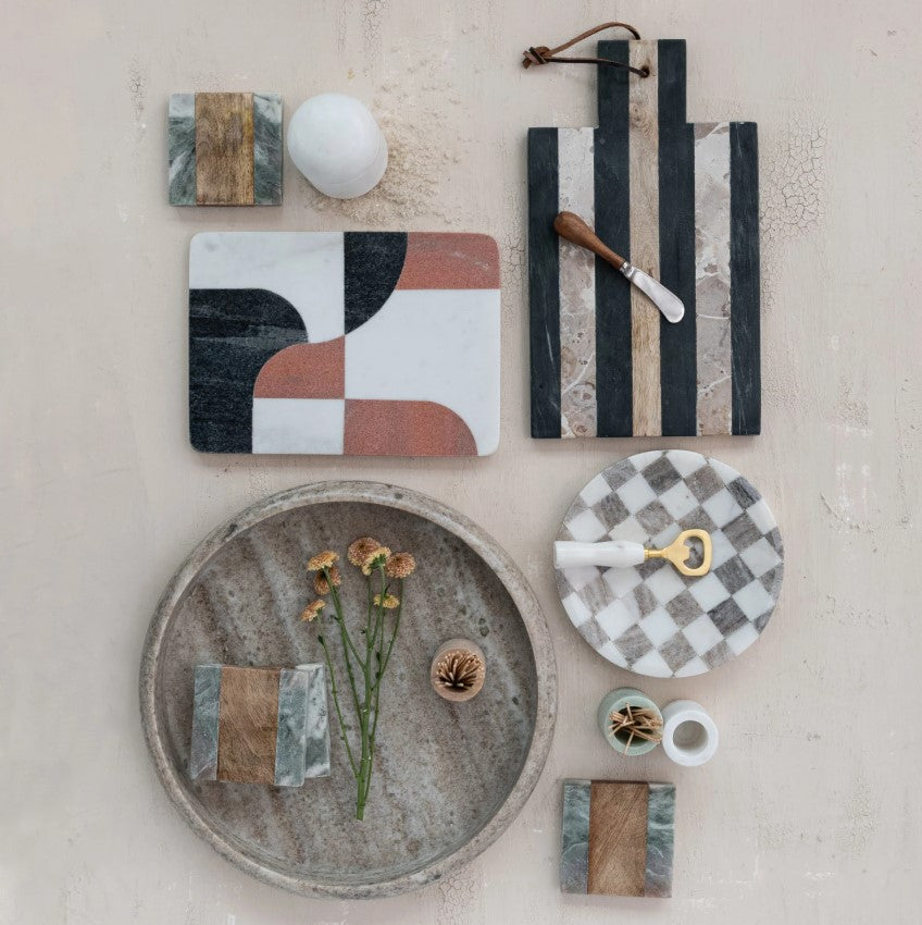 Round Marble Checkered Cheese/Serving Tray
