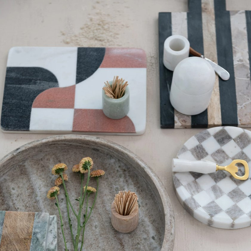 Round Marble Checkered Cheese/Serving Tray