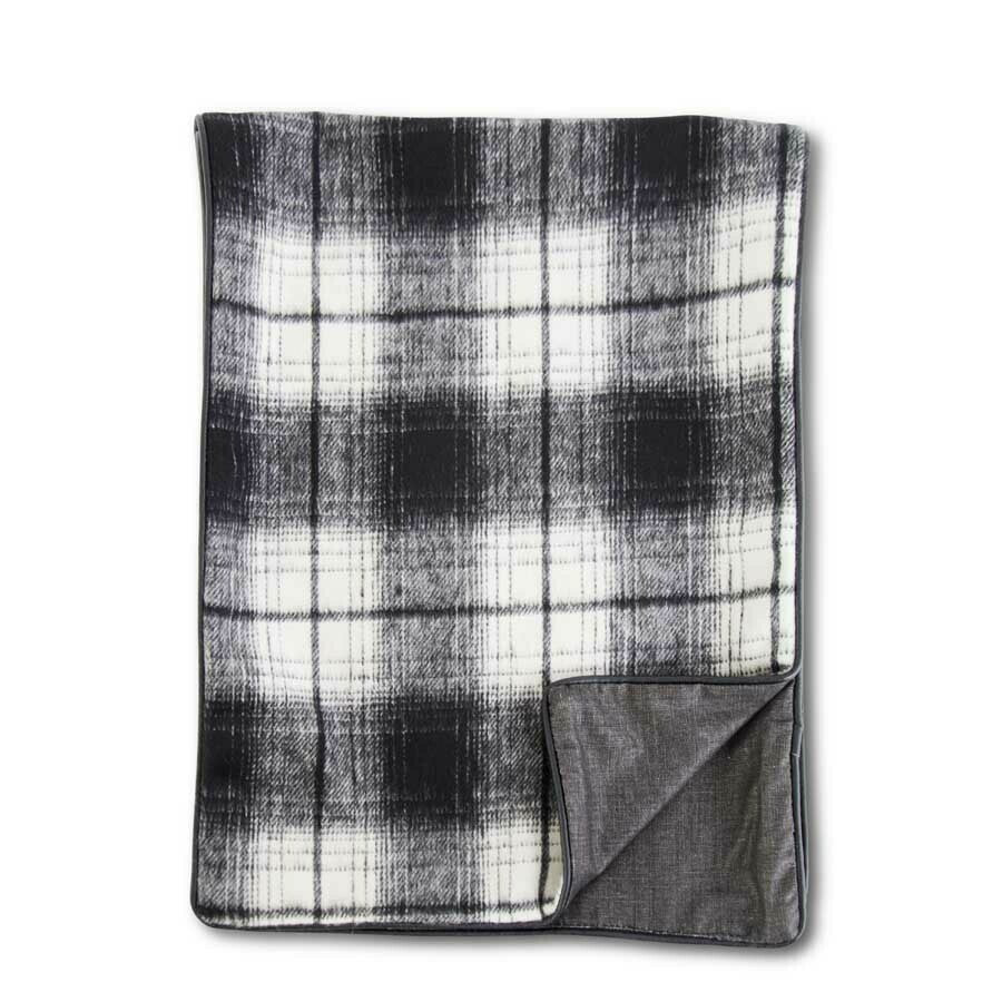 Black and Cream Plaid Table Runner w/ Leather Piping