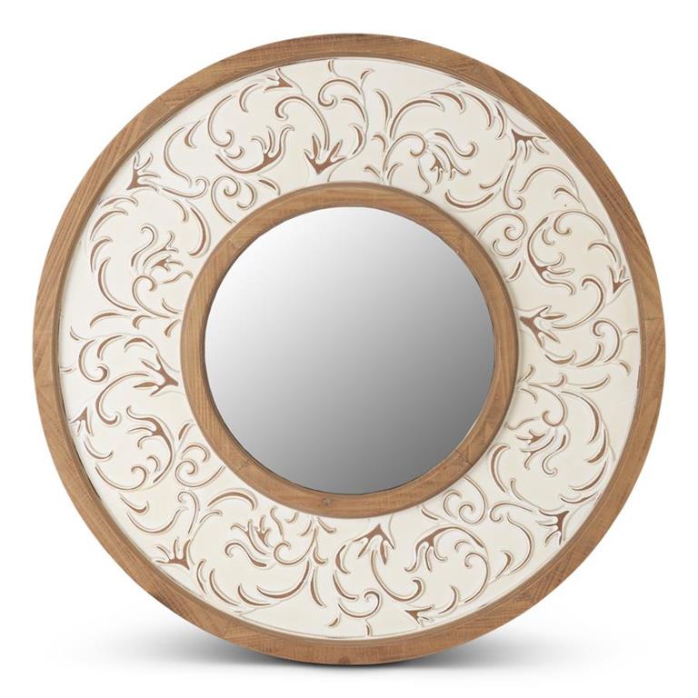 Natural & Whitewashed Ornate Round Mirror