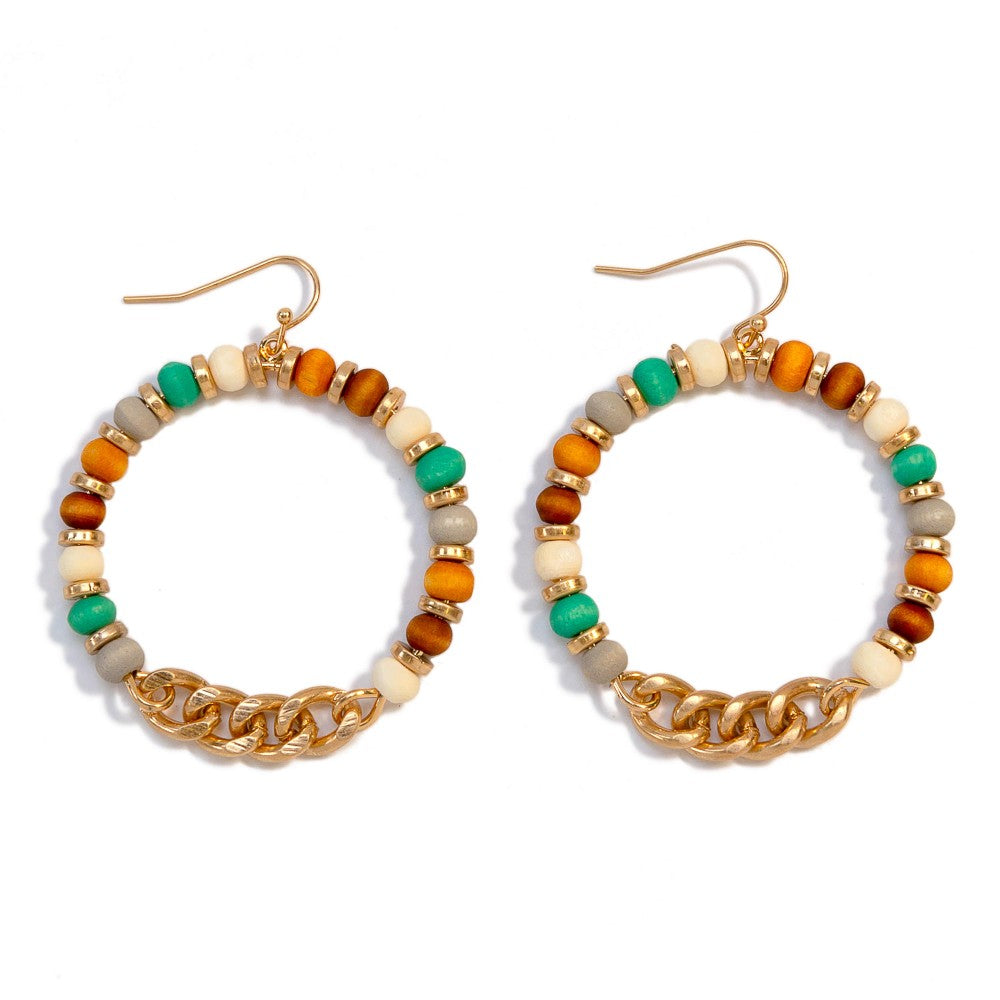 Gold Tone Wood Bead Hoop Drop Earrings With Chain Link Detail