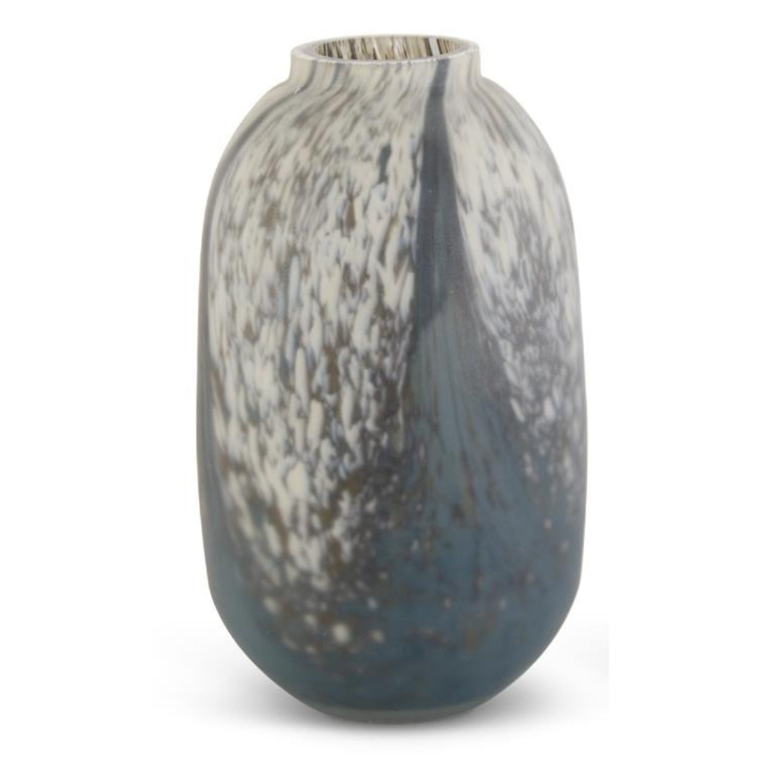 Blue, Cream, and Brown Speckled Swirled Glass Vase