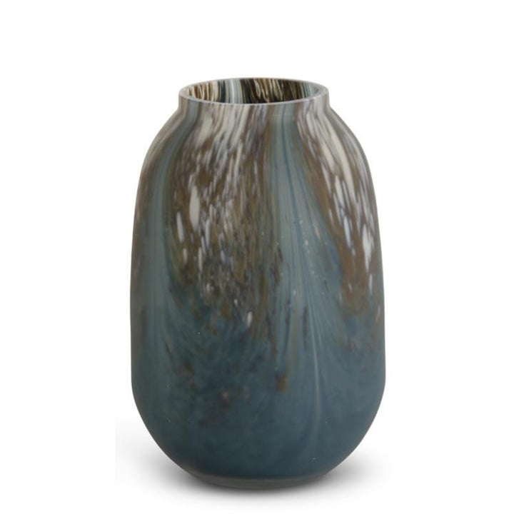 Blue, Cream, and Brown Speckled Swirled Glass Vase