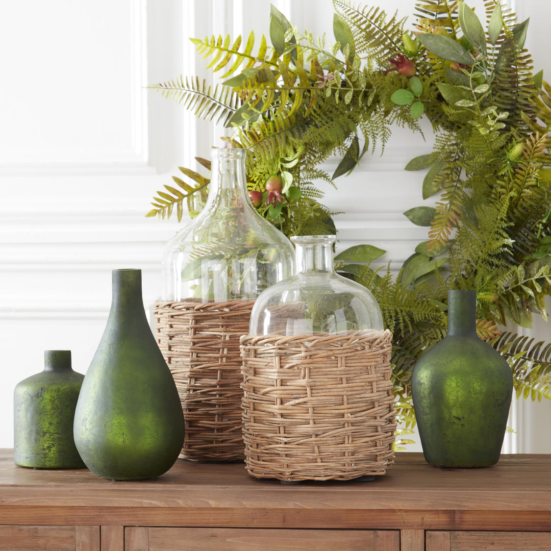 Antique Green Matte Glass Bottle Vase