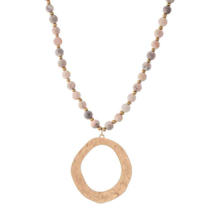 Long Semi-Precious Beaded Hammered Pendant Necklace