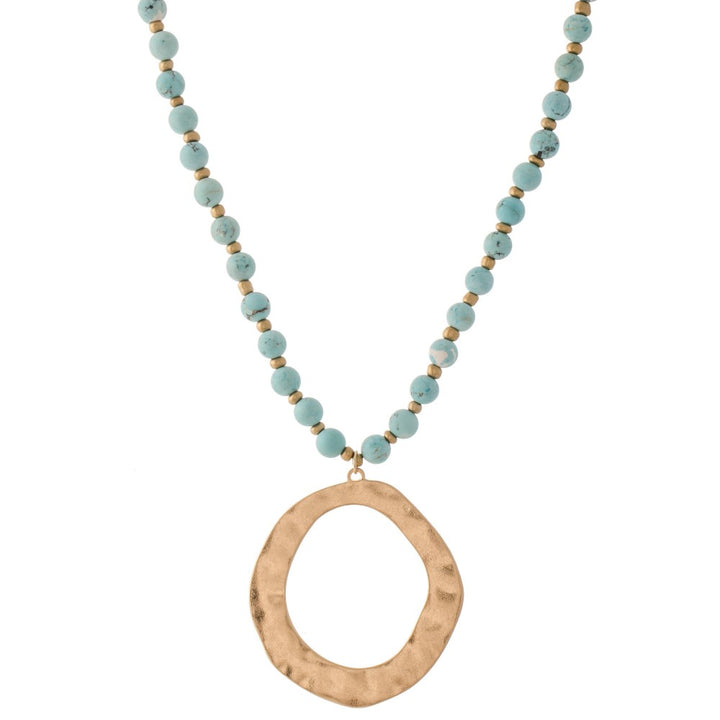 Long Semi-Precious Beaded Hammered Pendant Necklace