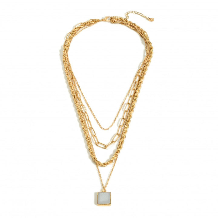 Layered Chain Link Necklace Featuring Natural Stone Pendant