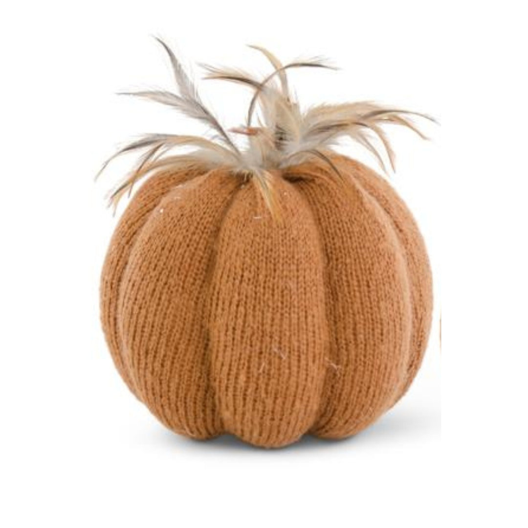 Orange Knit Pumpkins with Wood Stem & Feathers