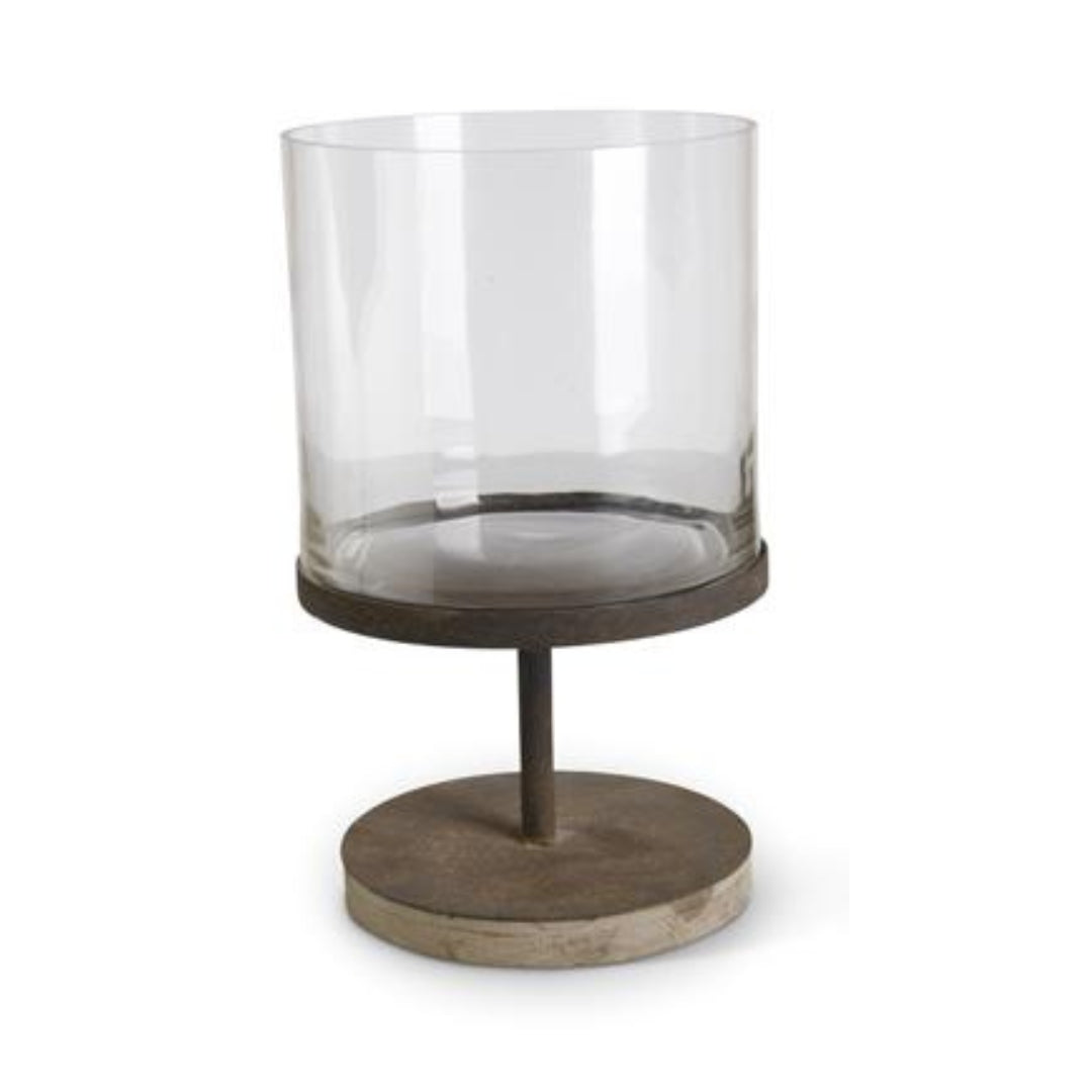 Glass Hurricane Candle Holders on Rust Metal Pedestals