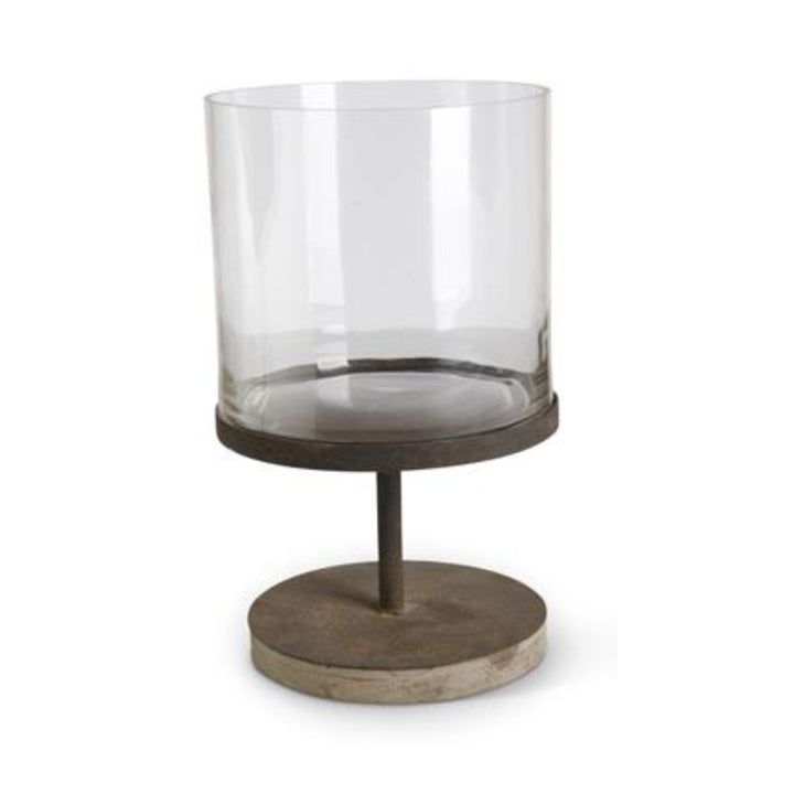 Glass Hurricane Candle Holders on Rust Metal Pedestals