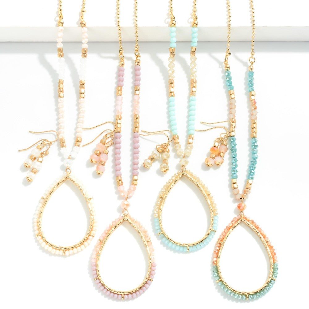 Turquoise, Amber, and Gold Beaded Pendant Necklace Set
