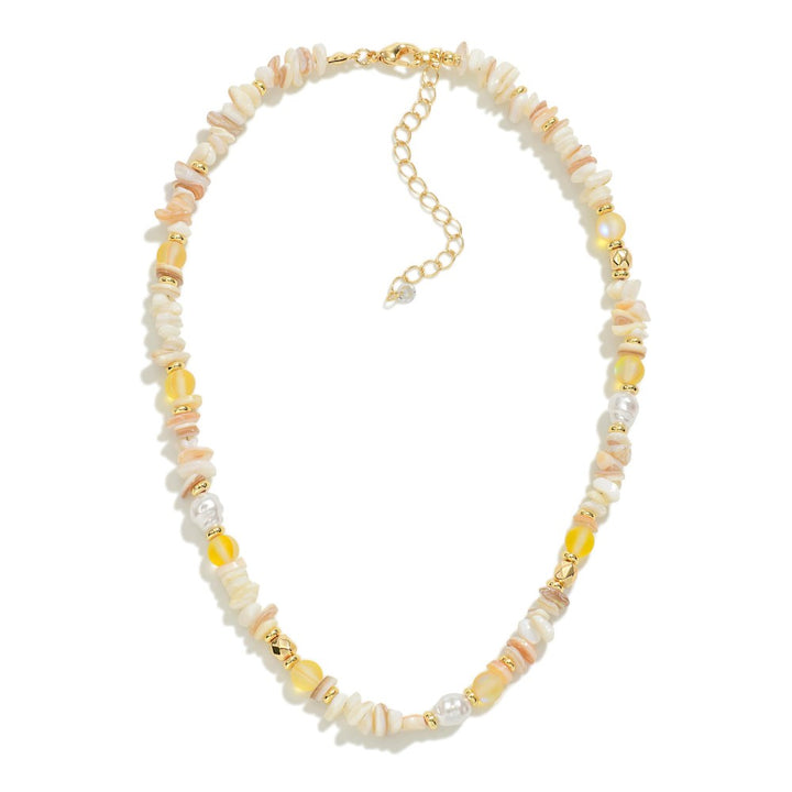 Chip Stone Beaded Necklace With Pearl and Gold Tone Beaded Accents