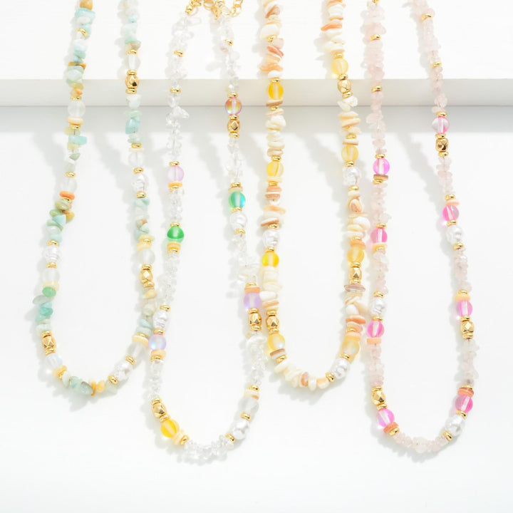 Chip Stone Beaded Necklace With Pearl and Gold Tone Beaded Accents