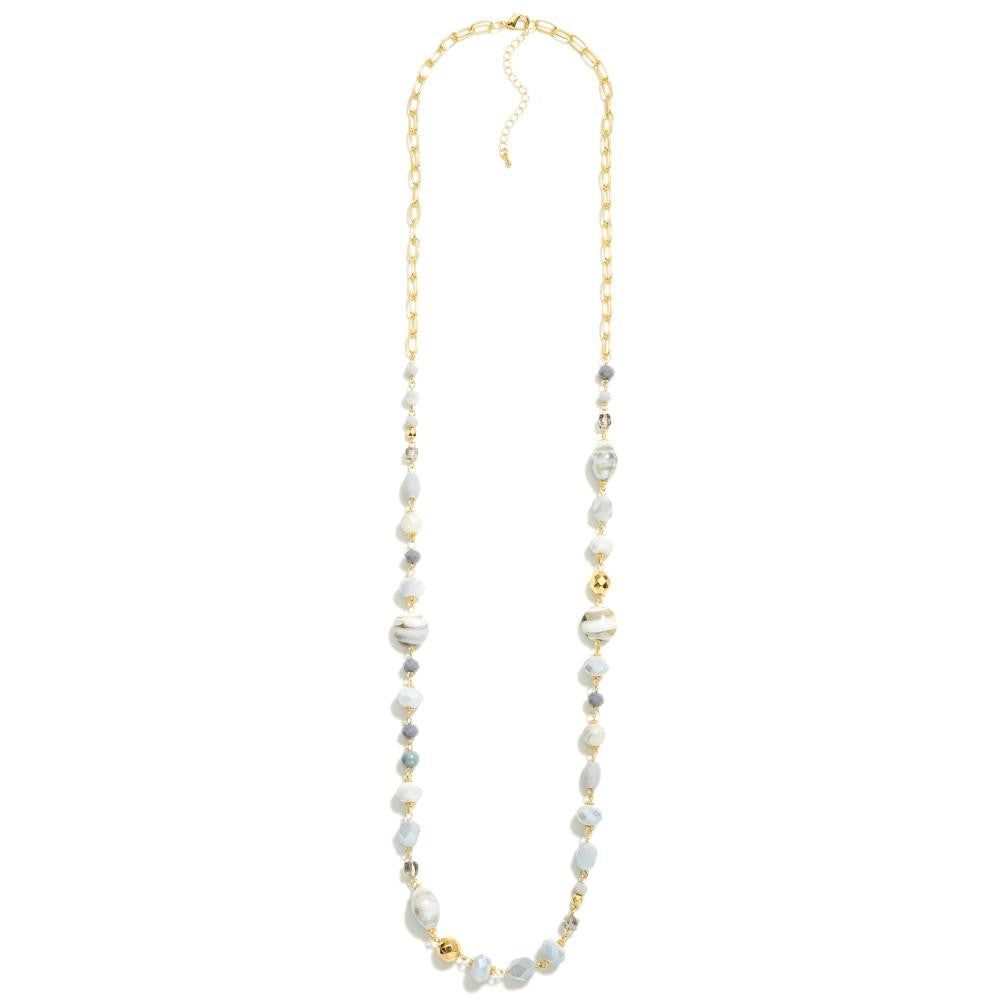 Long Gold Chain Link Necklace Featuring Glass & Faceted Beads