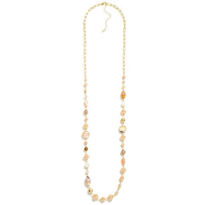 Long Gold Chain Link Necklace Featuring Glass & Faceted Beads