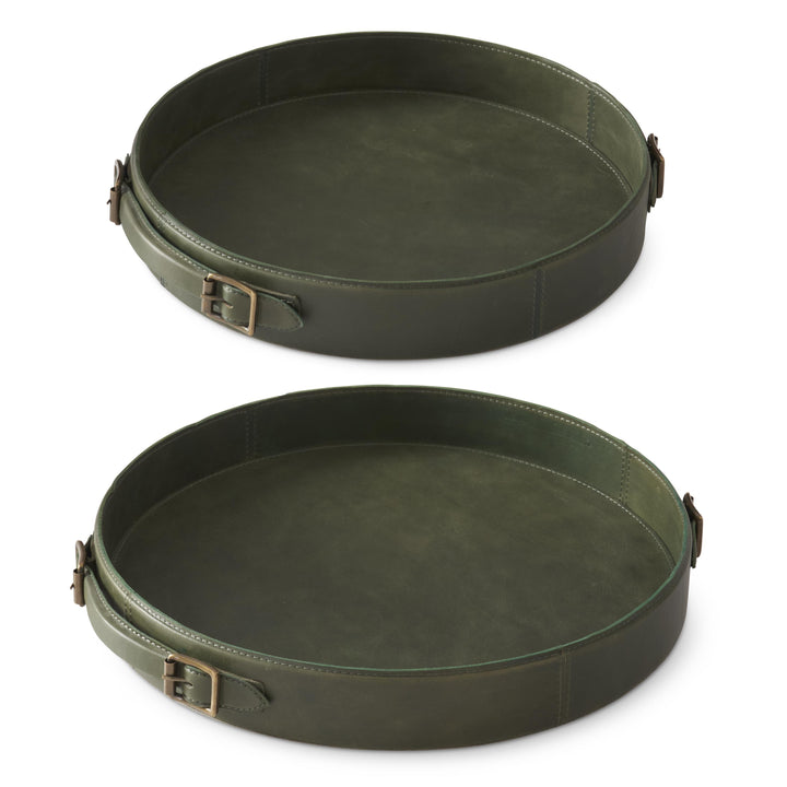 Green Leather Round Trays with Brass Buckle Handle