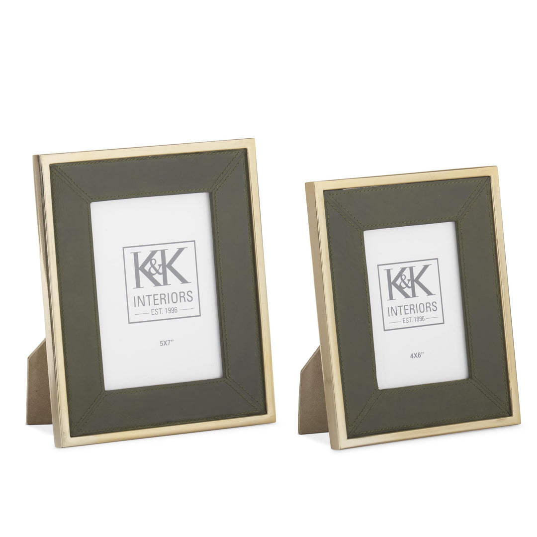 Green Leather with Gold Metal Edge Picture Frame