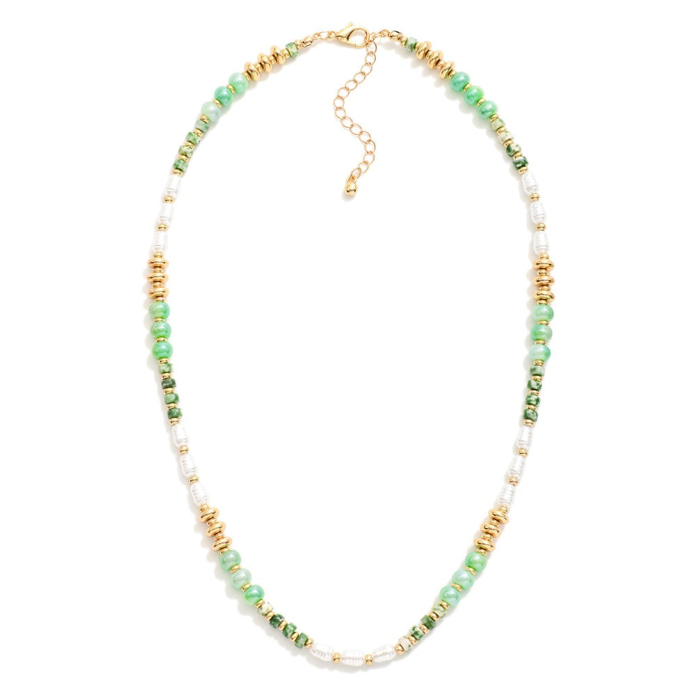 Beaded Necklace Featuring, Metal Tones, Stone, & Pearls