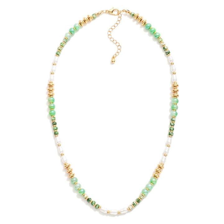 Beaded Necklace Featuring, Metal Tones, Stone, & Pearls