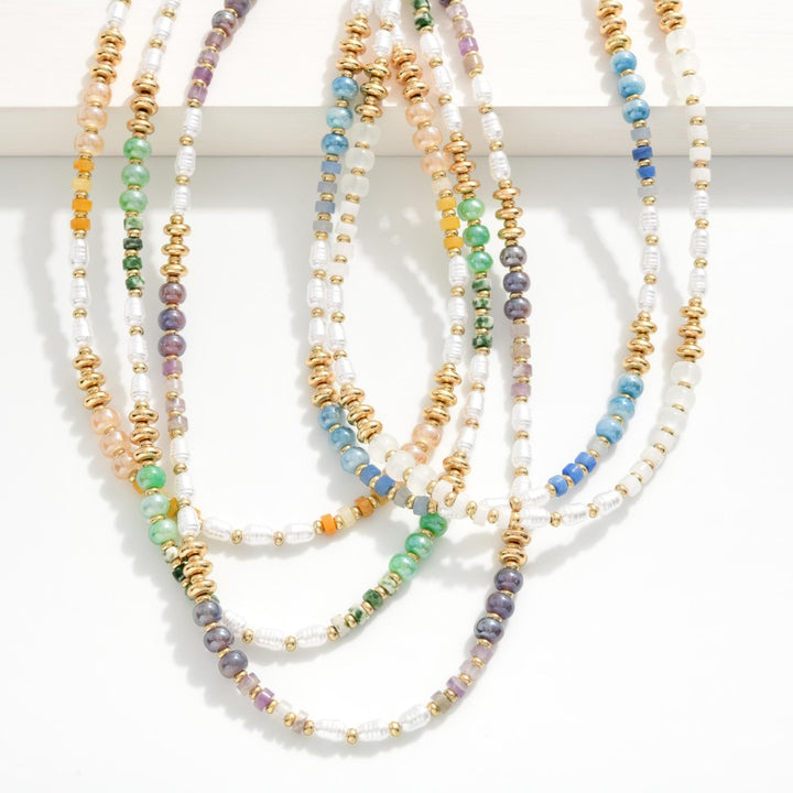 Beaded Necklace Featuring, Metal Tones, Stone, & Pearls