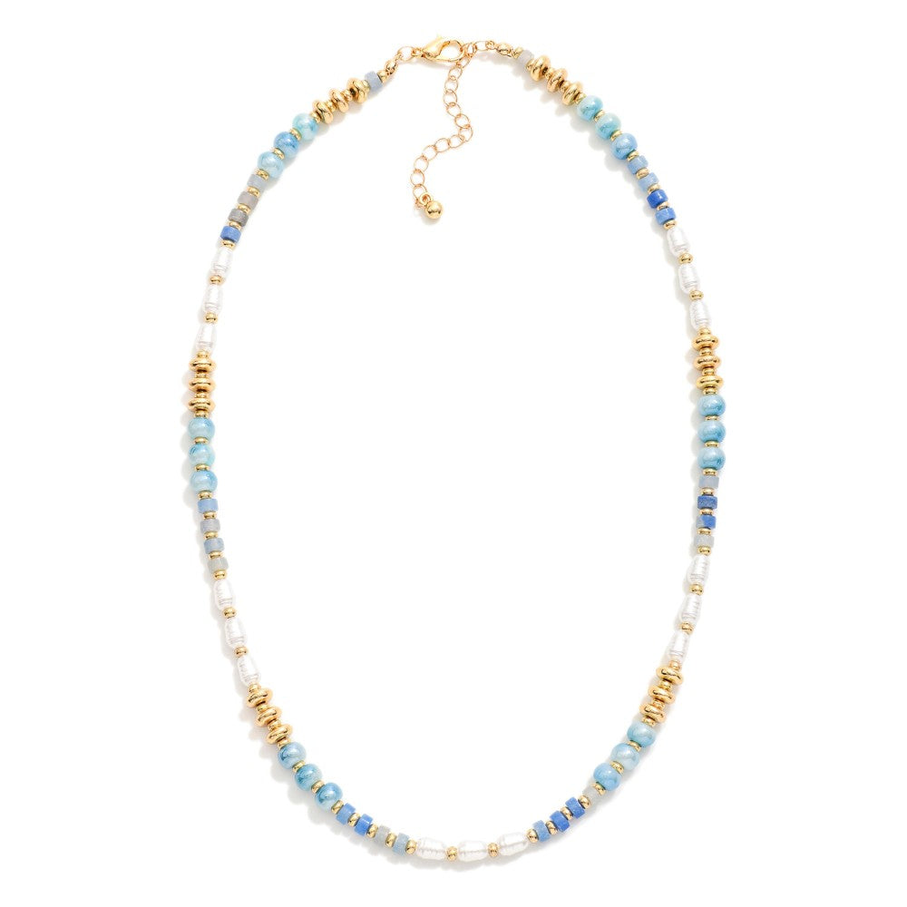Beaded Necklace Featuring, Metal Tones, Stone, & Pearls