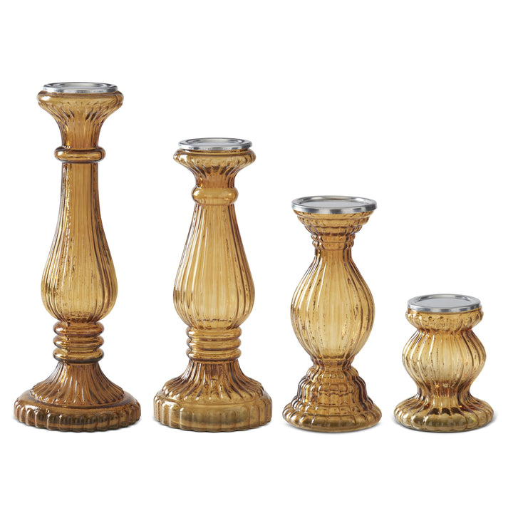 Amber Ribbed Transparent Glass Candleholders