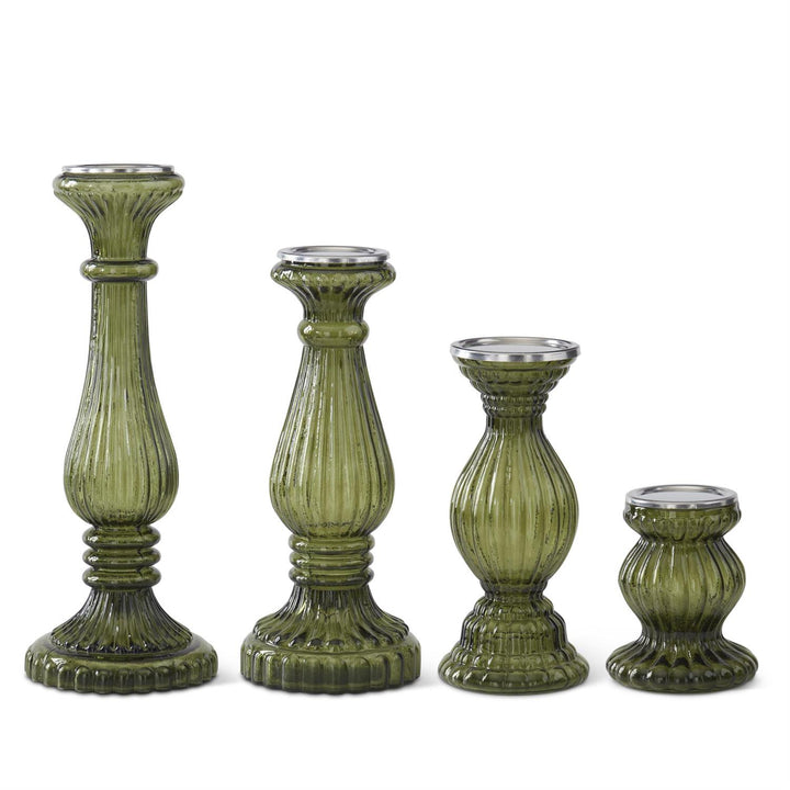 Ribbed Transparent Green Glass Pillar Candleholders