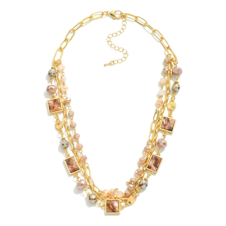 Layered Paper Clip Chain Link Necklace Featuring Faceted Beads & Marbled Square Stations