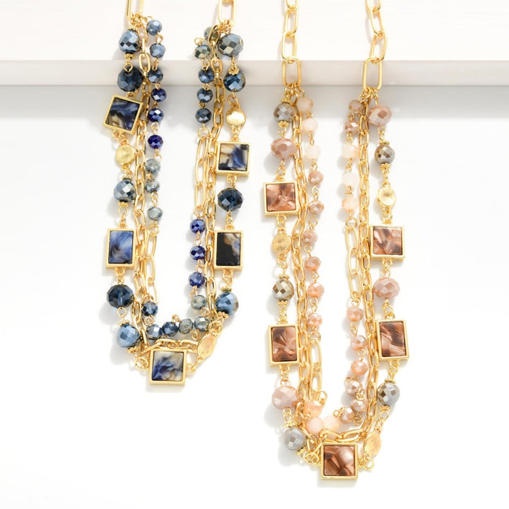 Layered Paper Clip Chain Link Necklace Featuring Faceted Beads & Marbled Square Stations
