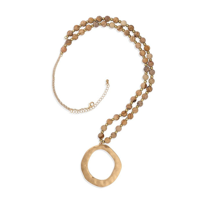 Long Semi-Precious Beaded Hammered Pendant Necklace