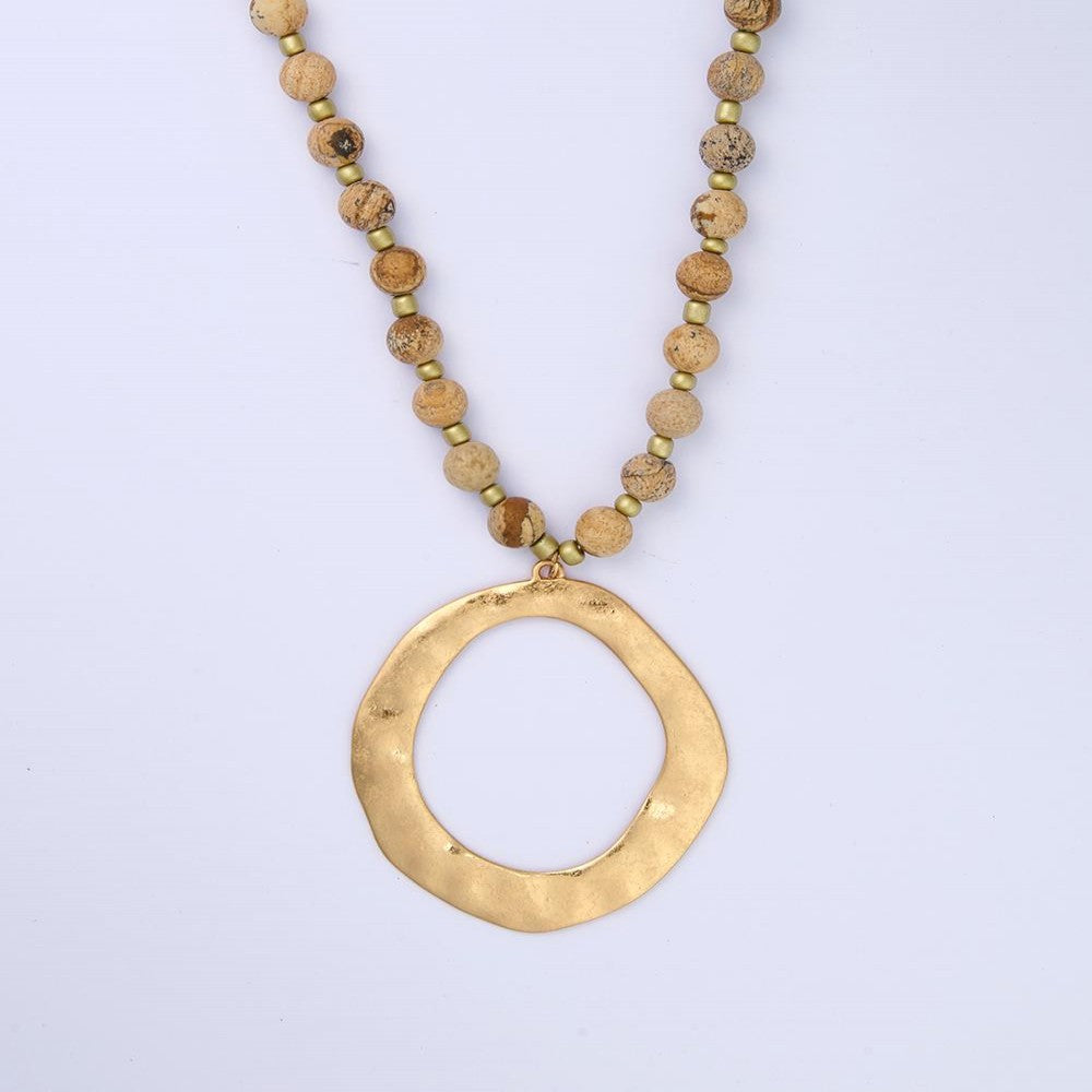 Long Semi-Precious Beaded Hammered Pendant Necklace