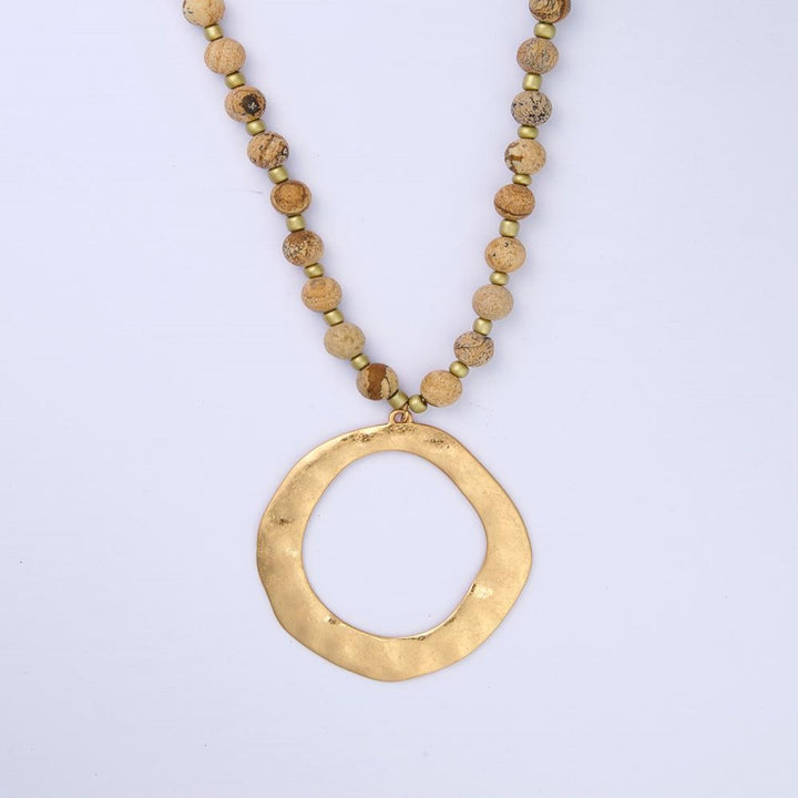 Long Semi-Precious Beaded Hammered Pendant Necklace