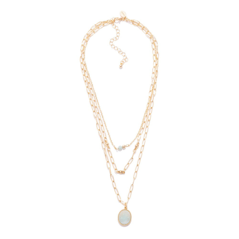 Layered Chain Link Necklace Featuring Semi Precious Stone Pendant