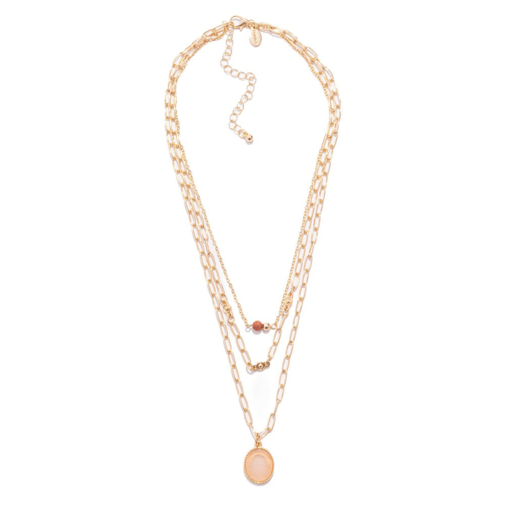 Layered Chain Link Necklace Featuring Semi Precious Stone Pendant