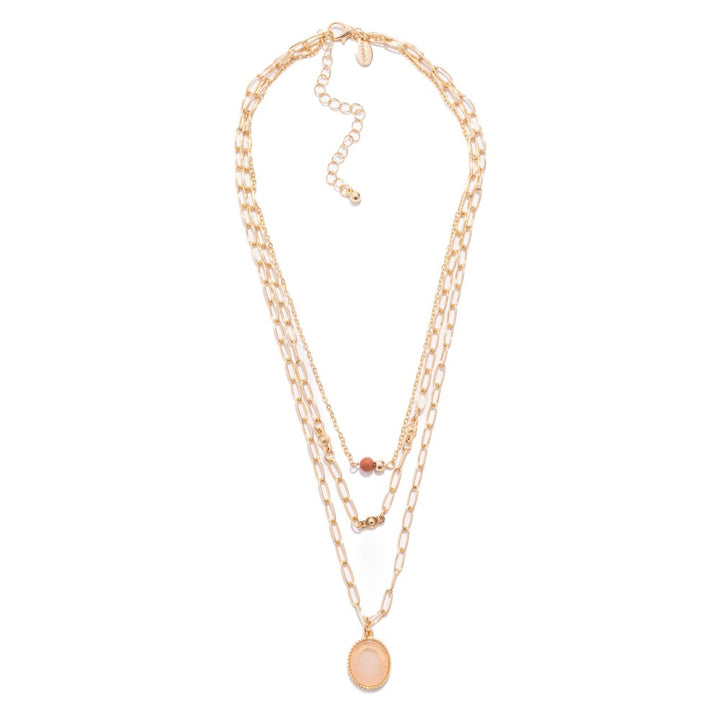 Layered Chain Link Necklace Featuring Semi Precious Stone Pendant