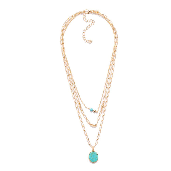 Layered Chain Link Necklace Featuring Semi Precious Stone Pendant