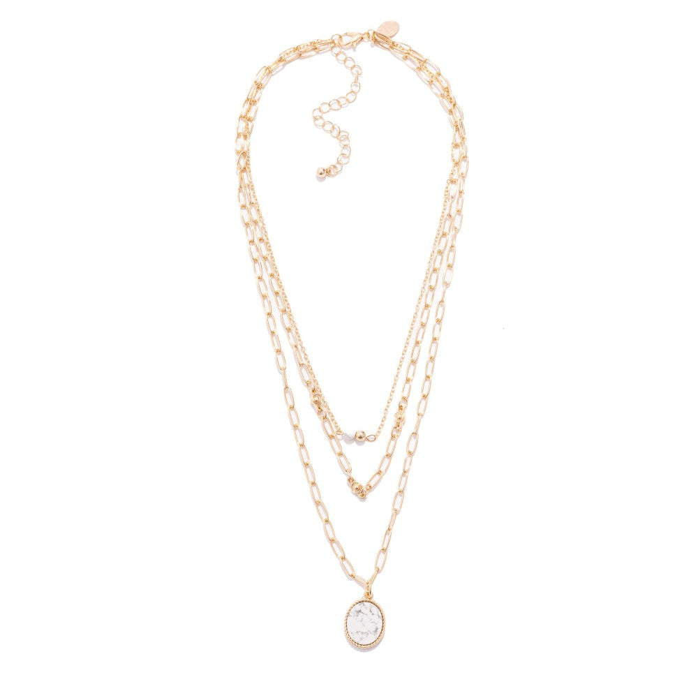 Layered Chain Link Necklace Featuring Semi Precious Stone Pendant