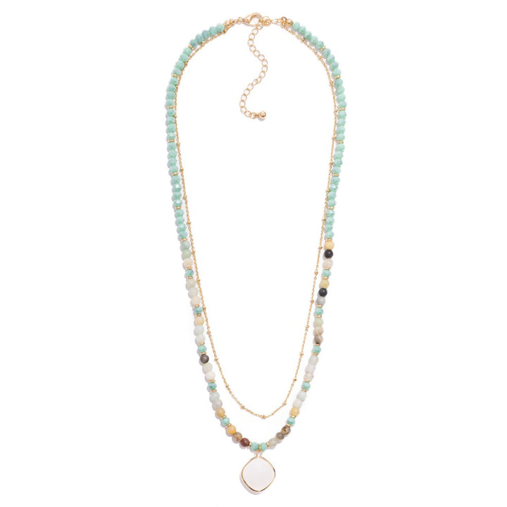 Layered Chain Link & Faceted Bead Necklace Featuring Class Crystal Pendant