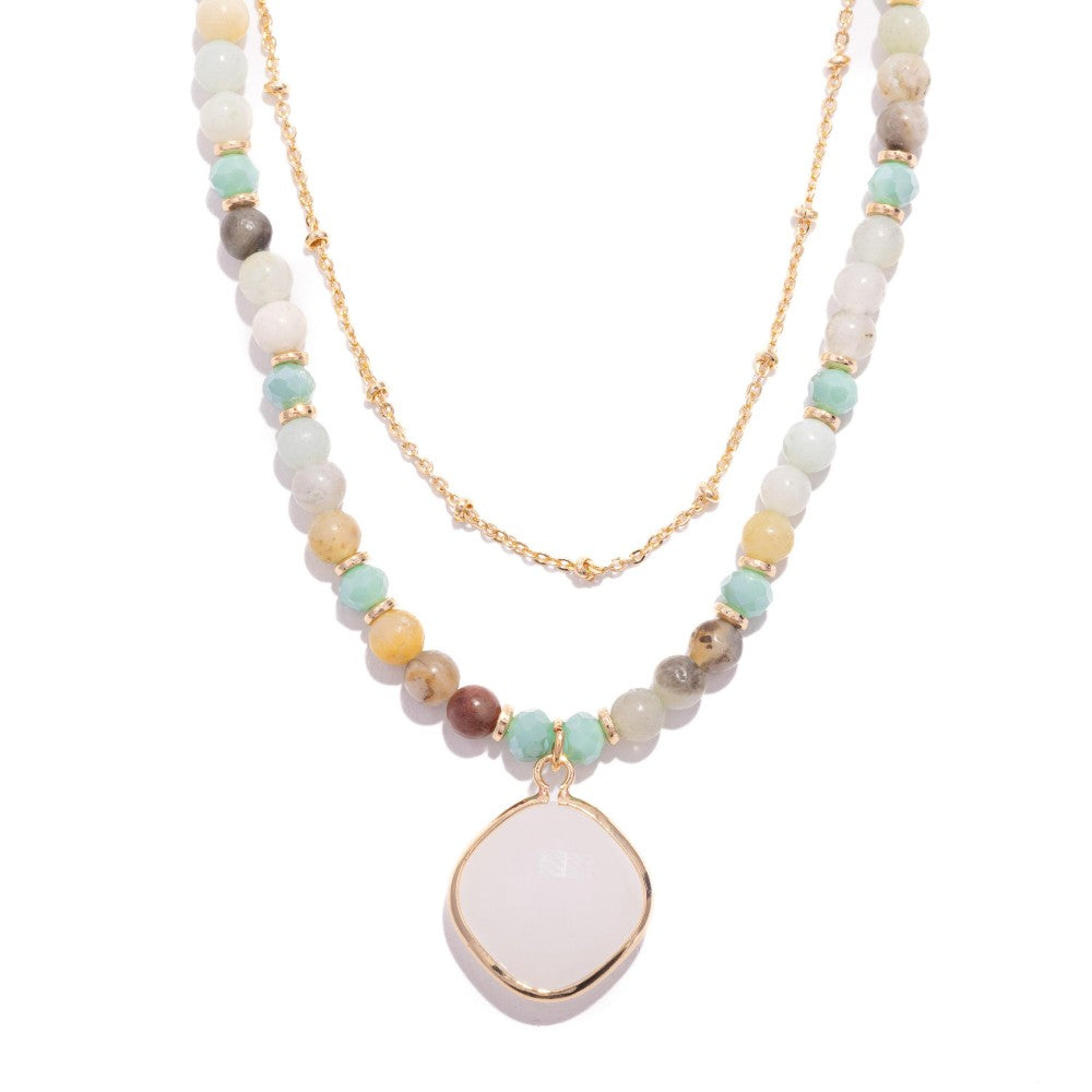 Layered Chain Link & Faceted Bead Necklace Featuring Class Crystal Pendant