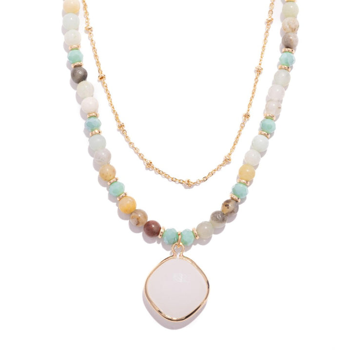 Layered Chain Link & Faceted Bead Necklace Featuring Class Crystal Pendant
