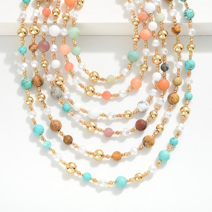 Beaded Necklace Featuring Stone, Pearl, & Metal Tones