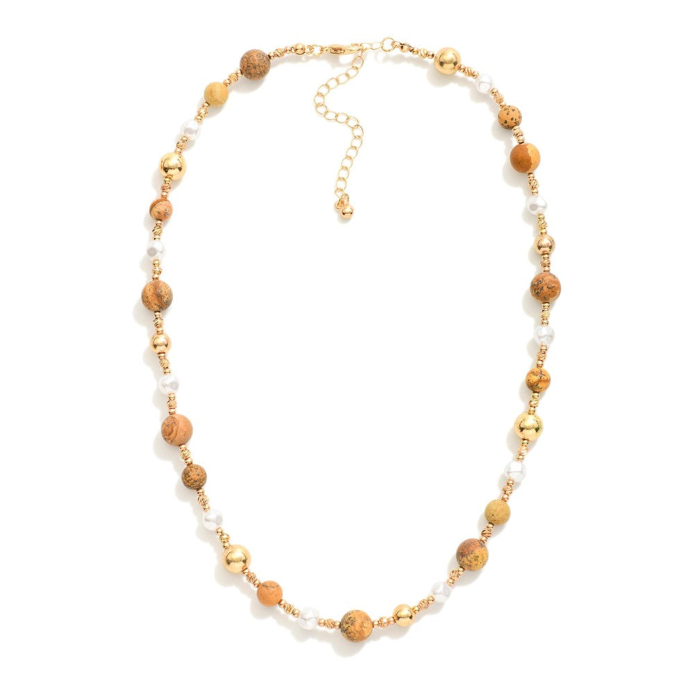 Beaded Necklace Featuring Stone, Pearl, & Metal Tones