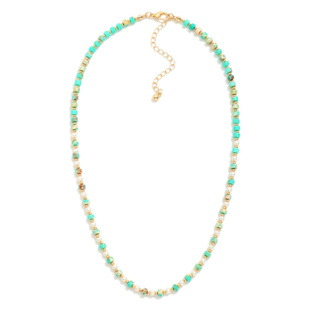 Beaded Natural Stone Necklace With Gold Beaded And Pearl Beaded Details