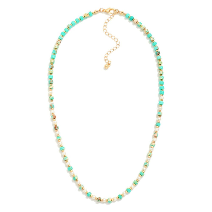 Beaded Natural Stone Necklace With Gold Beaded And Pearl Beaded Details